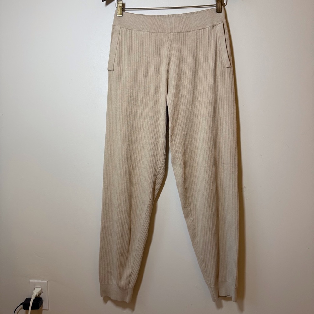 Selected Femme rib knit lounge pants elastic waist pockets neutral beige comfort